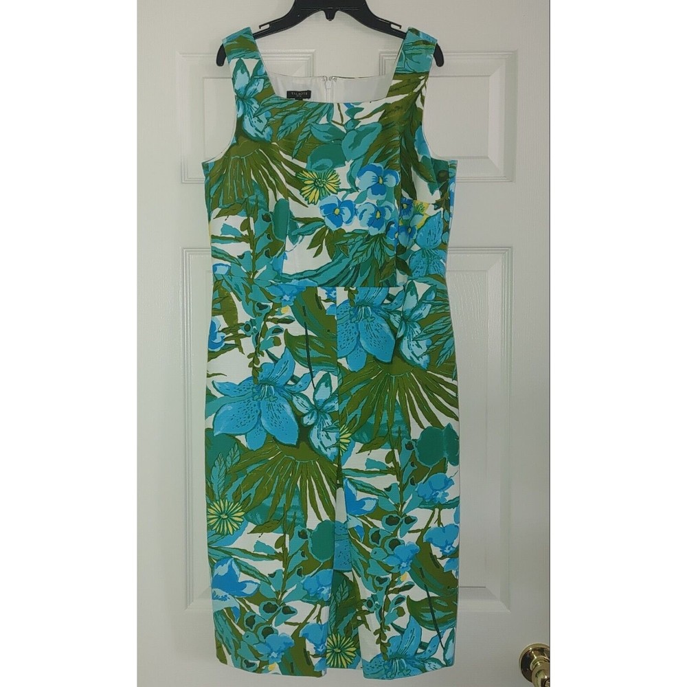 TALBOTS Sheath Dress Size 10P Petite Sleeveless Square Neck Blue Green Floral